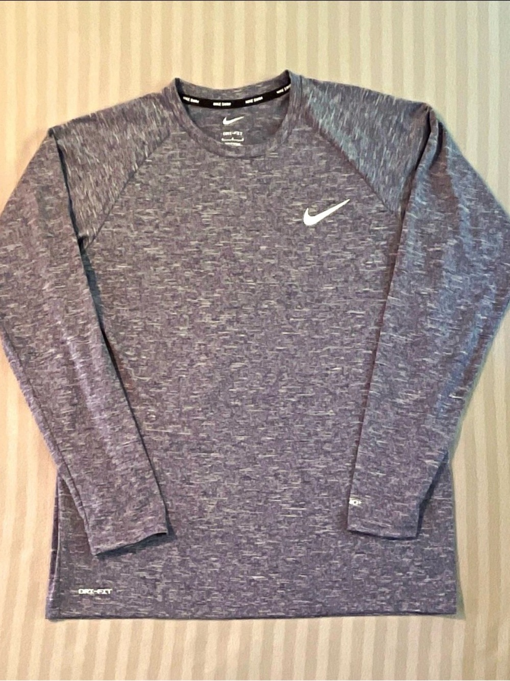 Nike Men’s Long Sleeve Heathered Gray-Purple Performance Shirt with White Swoosh